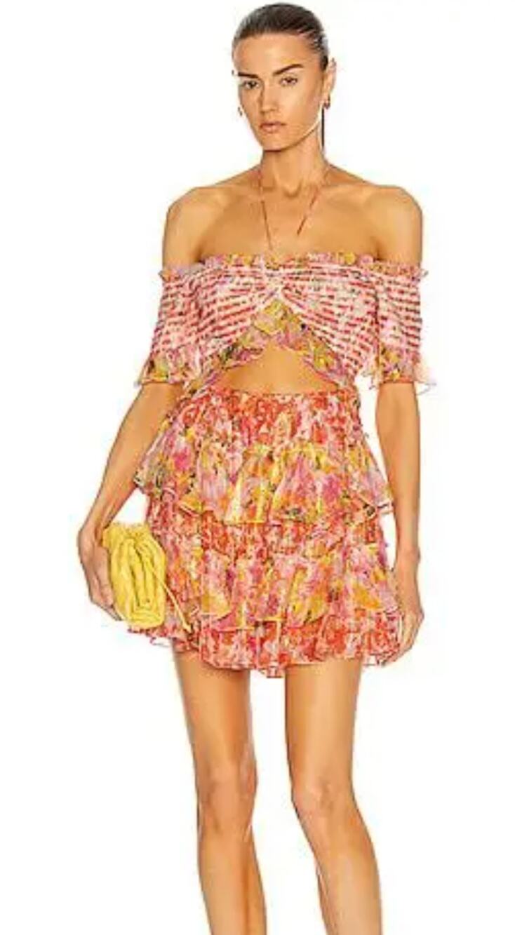 Rococo Sand Nesh Cutout Smocked Ruffle Mini Dress Orange Yellow XL NWT